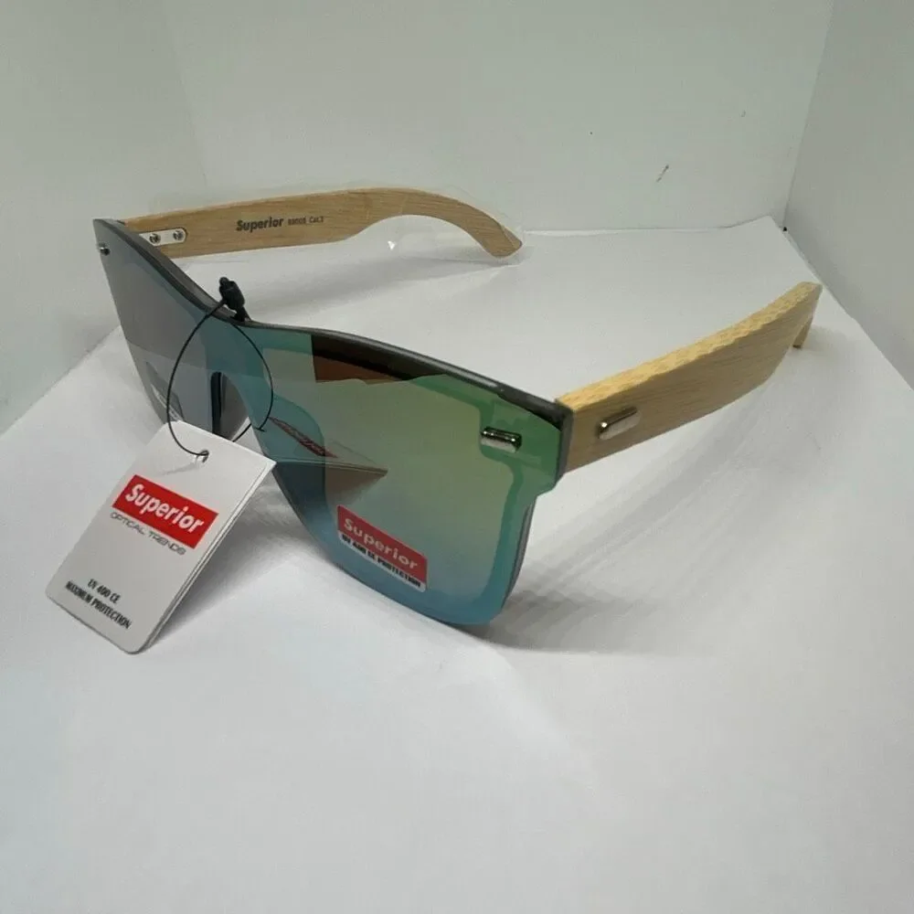 Superior Bamboo Mirrored  UV400 Rimless Shield Sunglasses Eco-Friendly Wooden Ar