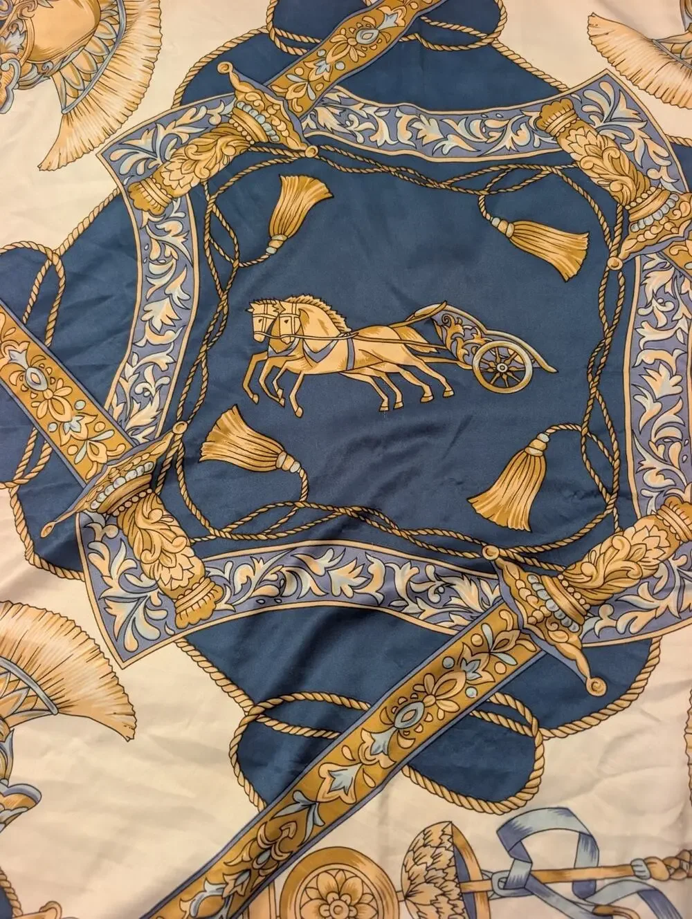 Vintage Jacquard Square Scarf Gold, Cream , Navy Red Equestrian Horse