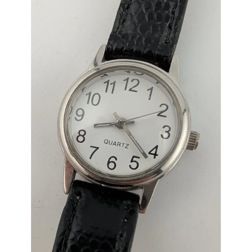 Women's Watch 23mm Silver Case Black Faux Leather Band- New Battery