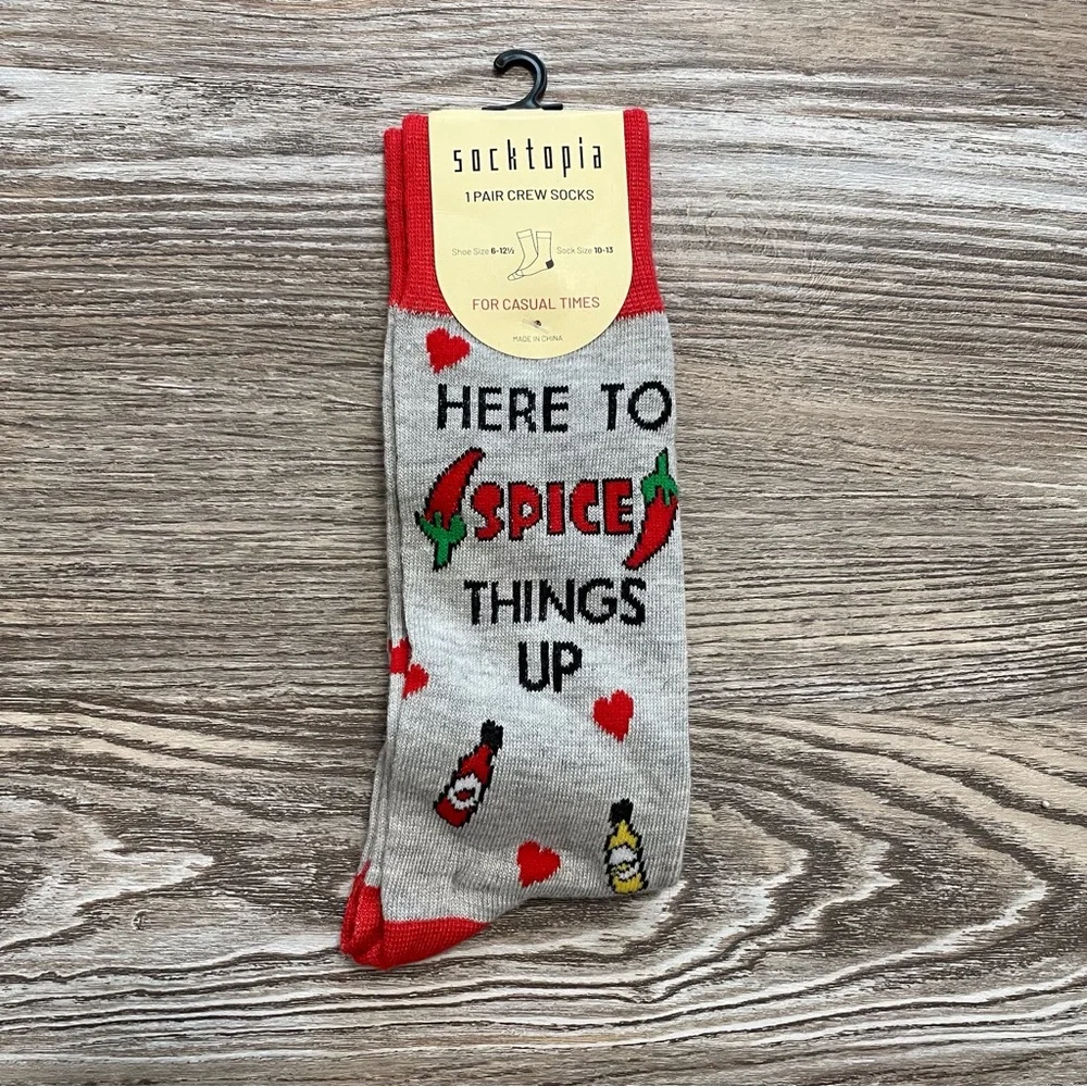 Socktopia Gray Novelty Crew Socks Here To Spice Things Up Size 10-13 NWT
