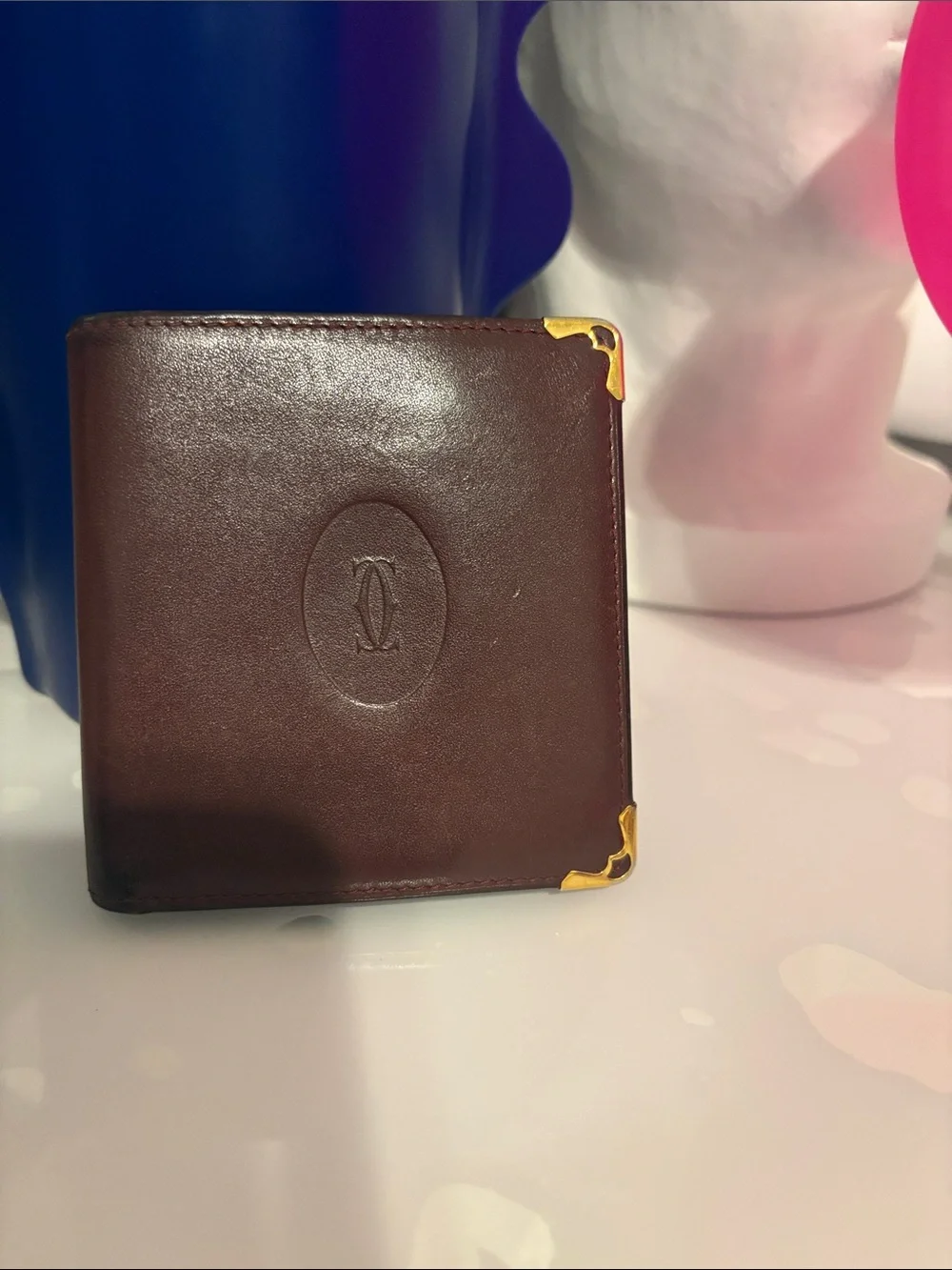 Authentic Cartier Men's Brown Leather Wallet with Gold Corner Accents