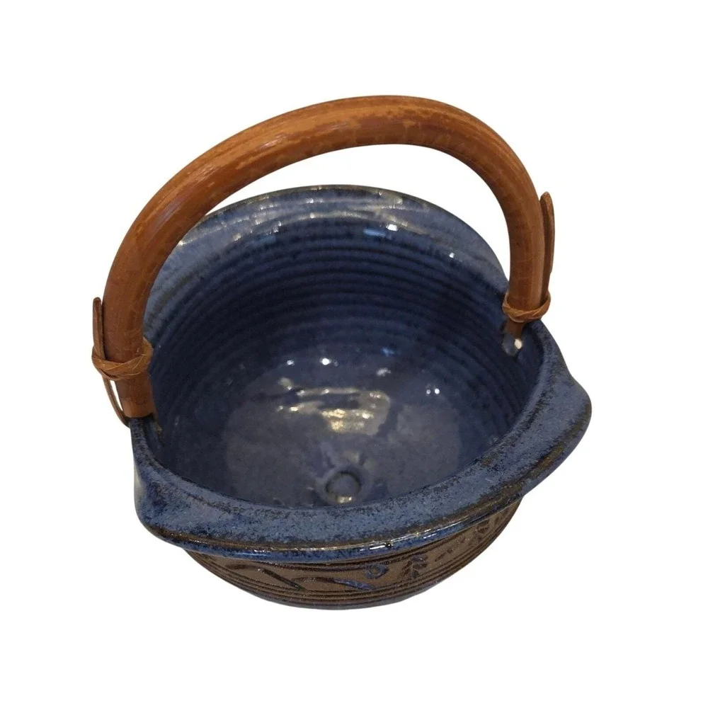 Groundhog Blue Studio Pottery Glazed Ceramic Bowl with Wood Handle Signed Basket