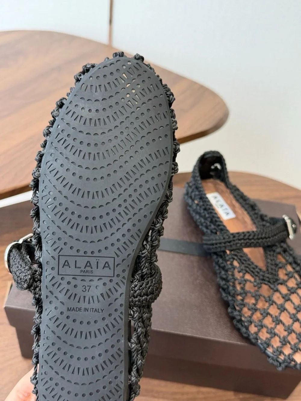Alaia Black Crochet Mary Jane Flats with Buckle Strap