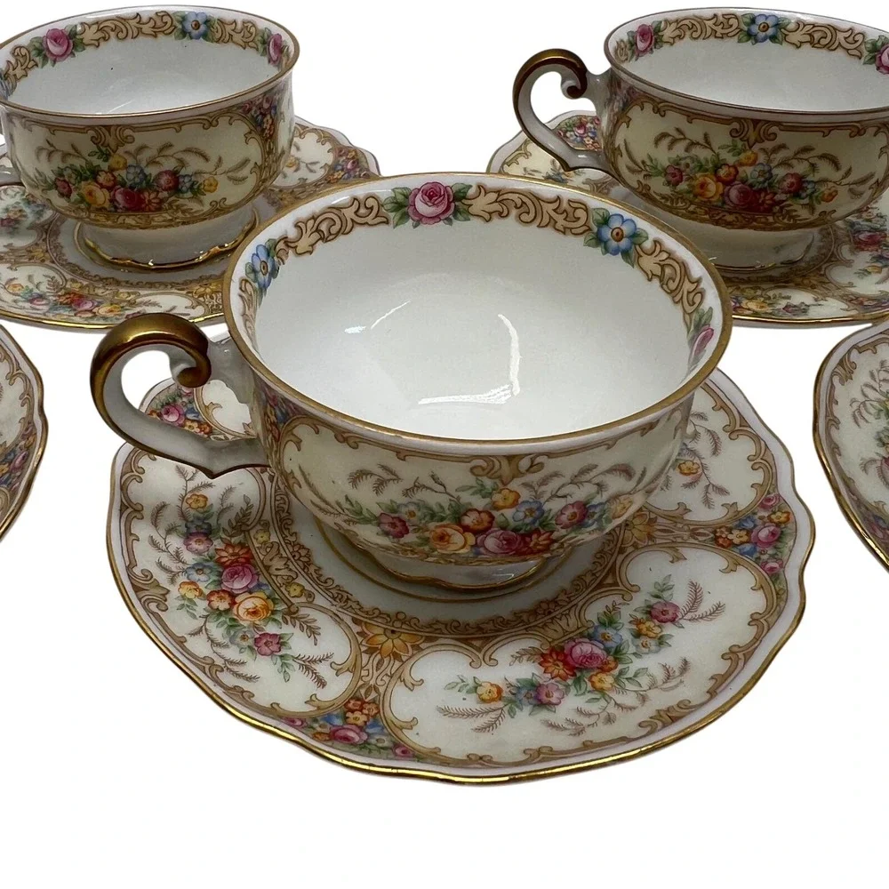 Paul Muller Selb‎ Bavaria Meadowbrook Two Tea Cup Saucer Sets Floral Gold Trim