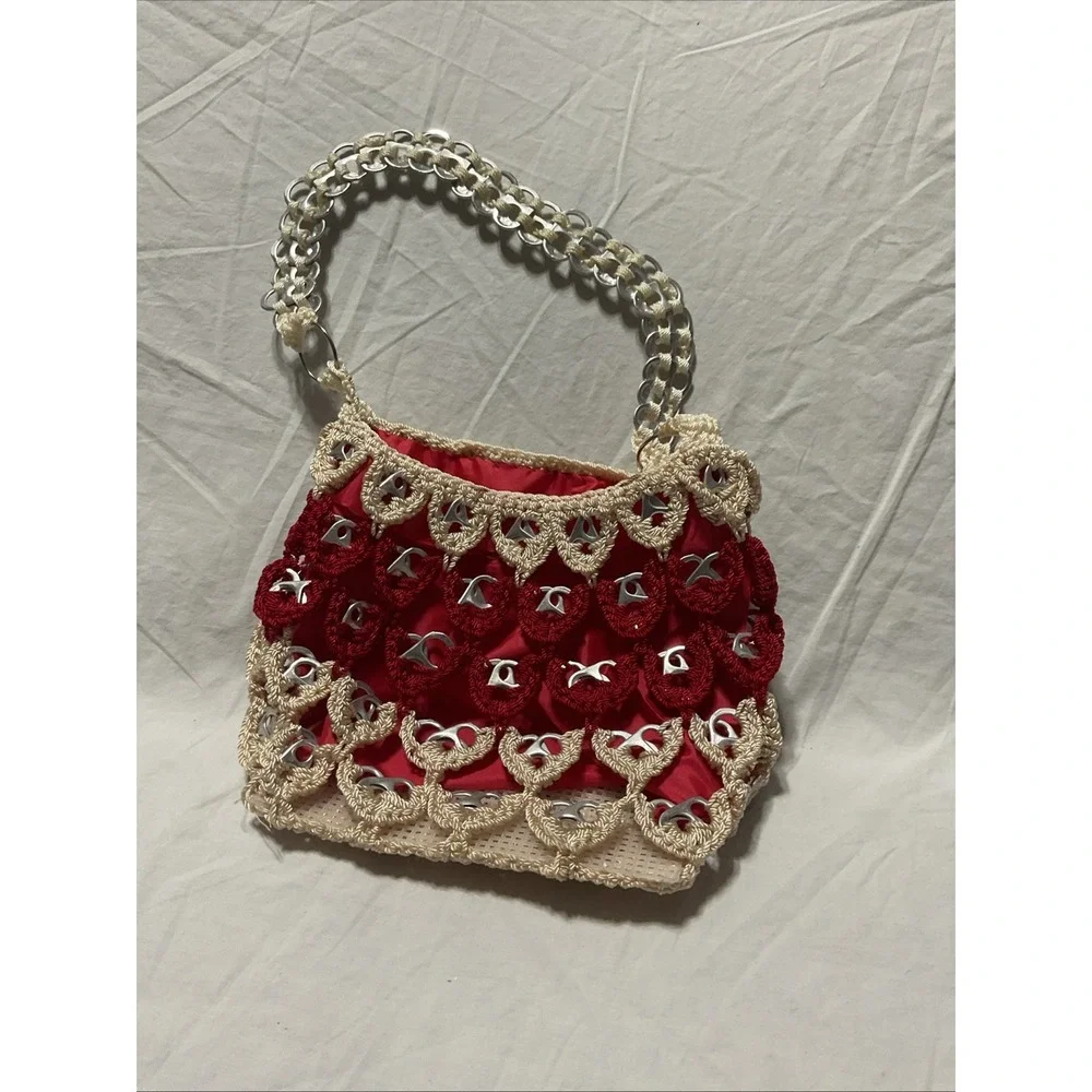 Handmade Soda Tab Purse Crochet Aluminum‎ Red-beige Hearts Small 7x9