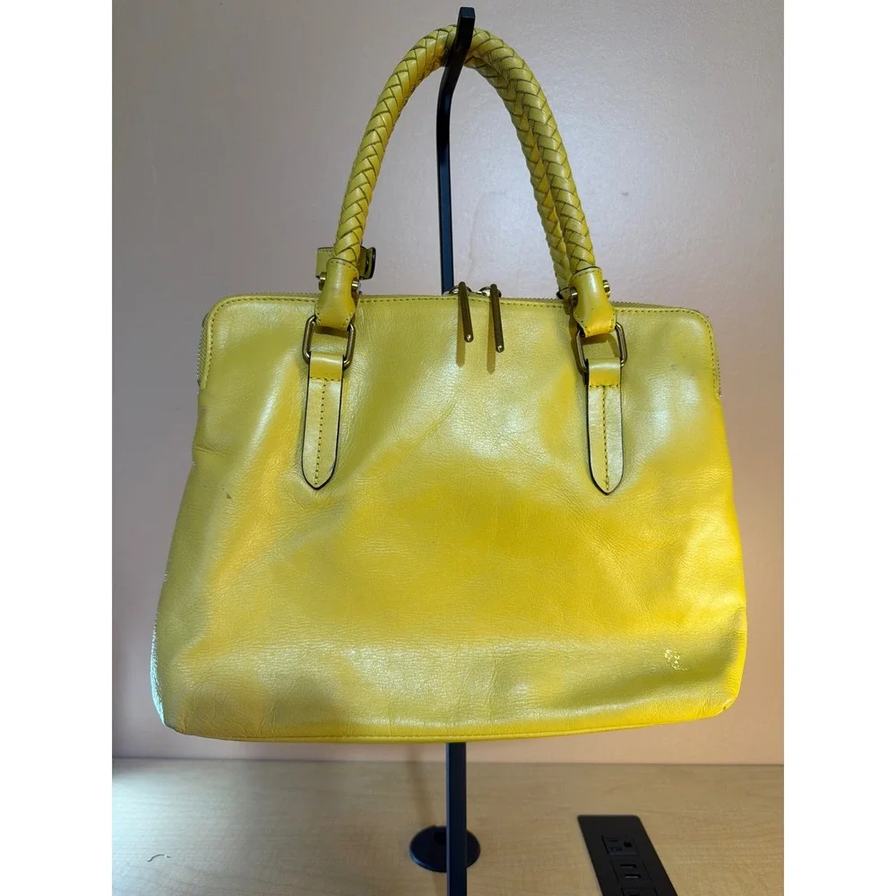 Elliott‎ Lucca Yellow Leather Satchel Bag Braided Handles Triple Compartment