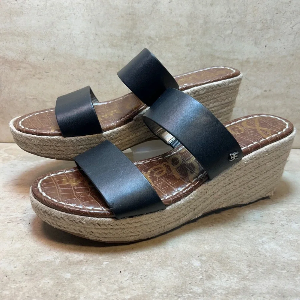 Sam Edelman Rubie Black Leather‎ Double Strap Espadrille Wedge Sandals 9.5M