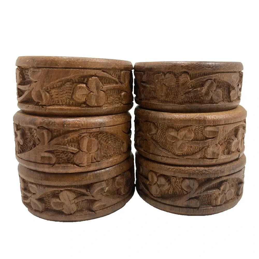 Vintage Carved Wood Napkin Rings Floral Pattern Made in India Set of‎ 6