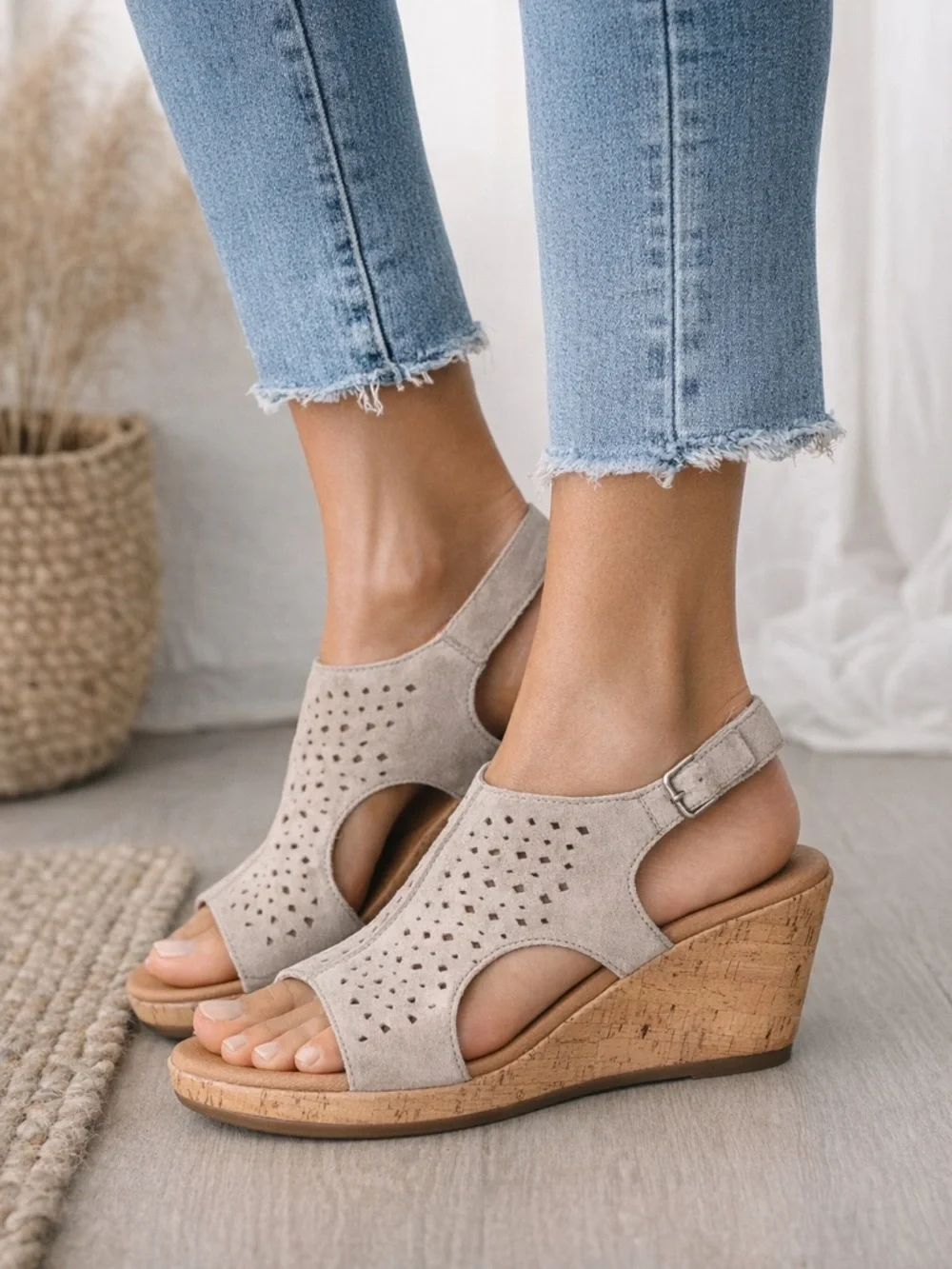 Rockport TruTECH Briah Perforated Wedge Sandals Taupe Leather Slingback 8.5