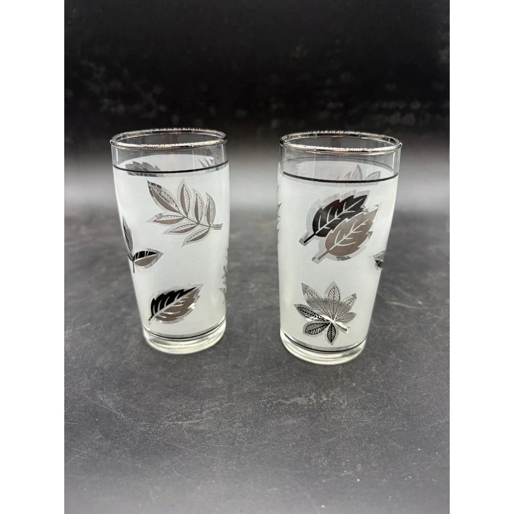 Vintage Libbey Frosted Silver Leaf Highball Glasses‎ Mid Century Modern Set of 2