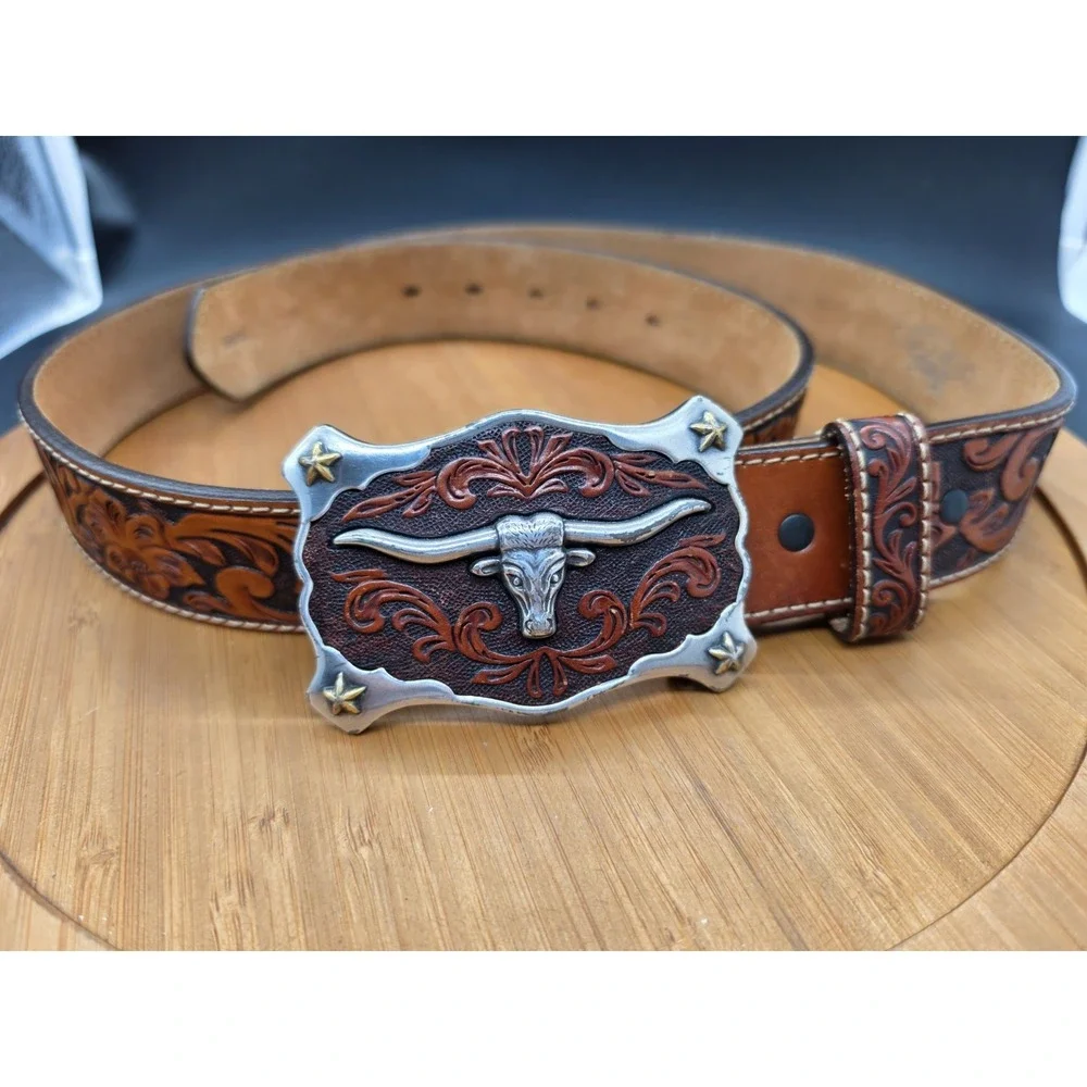 Justin Men's Classic Longhorn‎ Tan Tooled Leather Western Belt C11194 Size 38