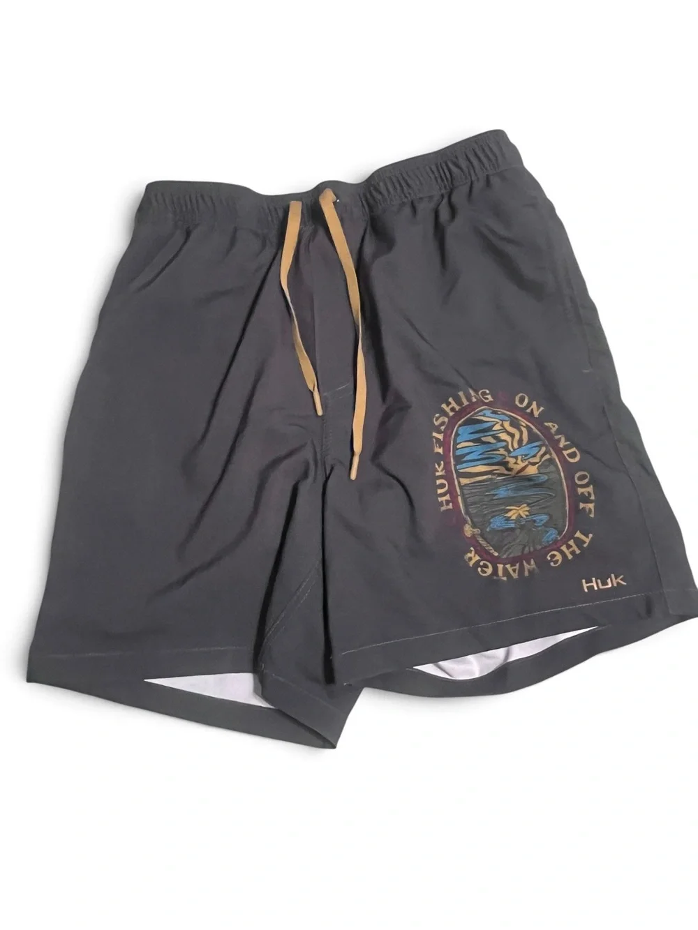 Huk Charcoal Swim Shorts with Tan Drawstring and Coastal Graphic