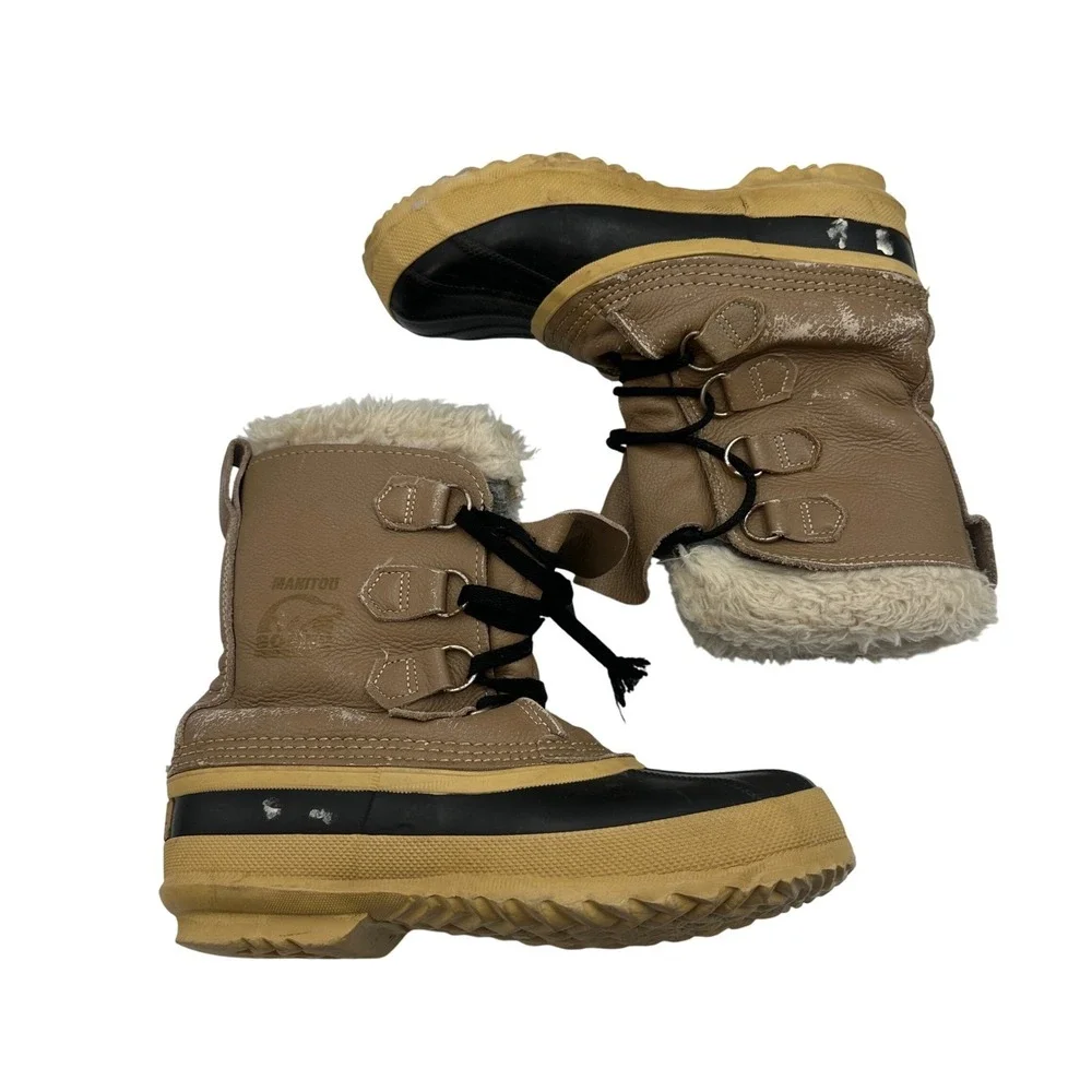 Sorel Manitou Snow‎ Winter Boots Tan Brown Leather Wool Blend Kids Size 7
