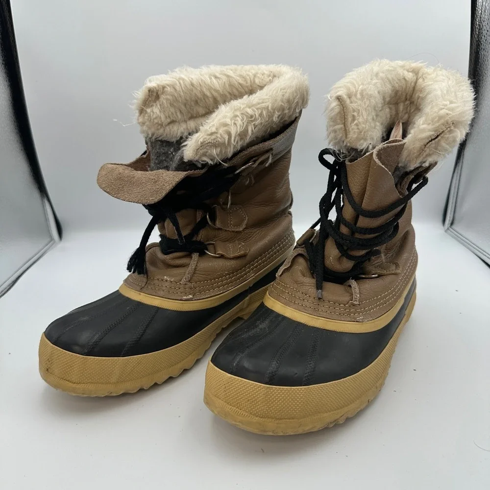 Sorel Manitou Snow‎ Winter Boots Tan Brown Leather Wool Blend Kids Size 7
