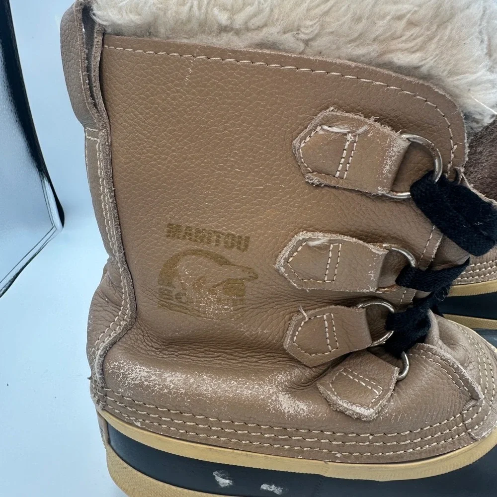 Sorel Manitou Snow‎ Winter Boots Tan Brown Leather Wool Blend Kids Size 7