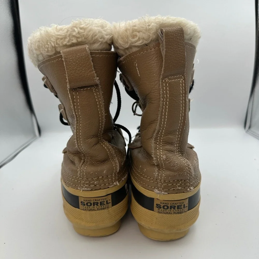 Sorel Manitou Snow‎ Winter Boots Tan Brown Leather Wool Blend Kids Size 7