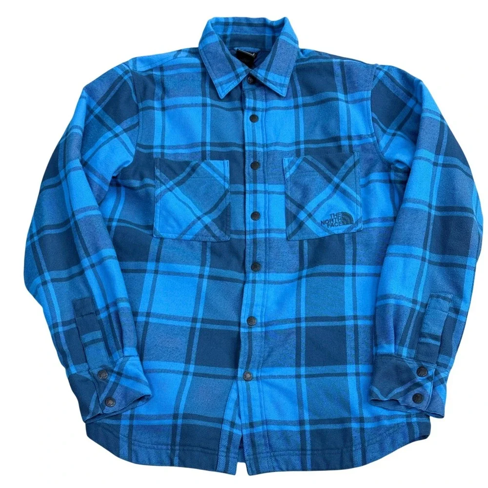 The North Face Quilted Flannel Shirt Jacket Mens Small Blue Outdoors Hiking