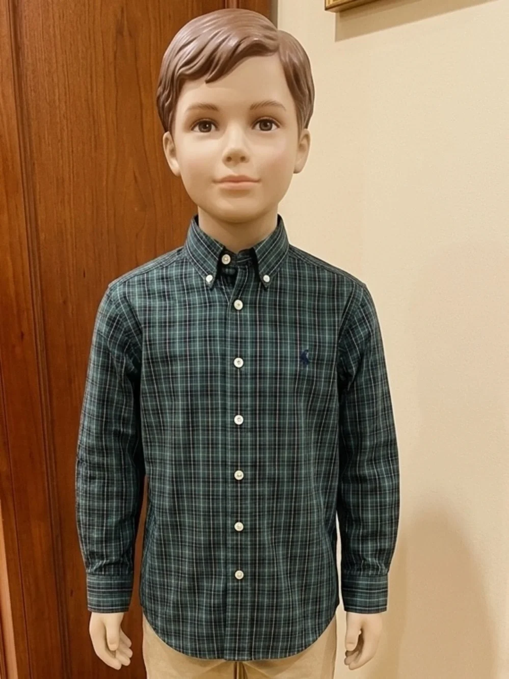 Ralph Lauren Green and Navy Plaid Button-Down Shirt- size medium (10-12Y)