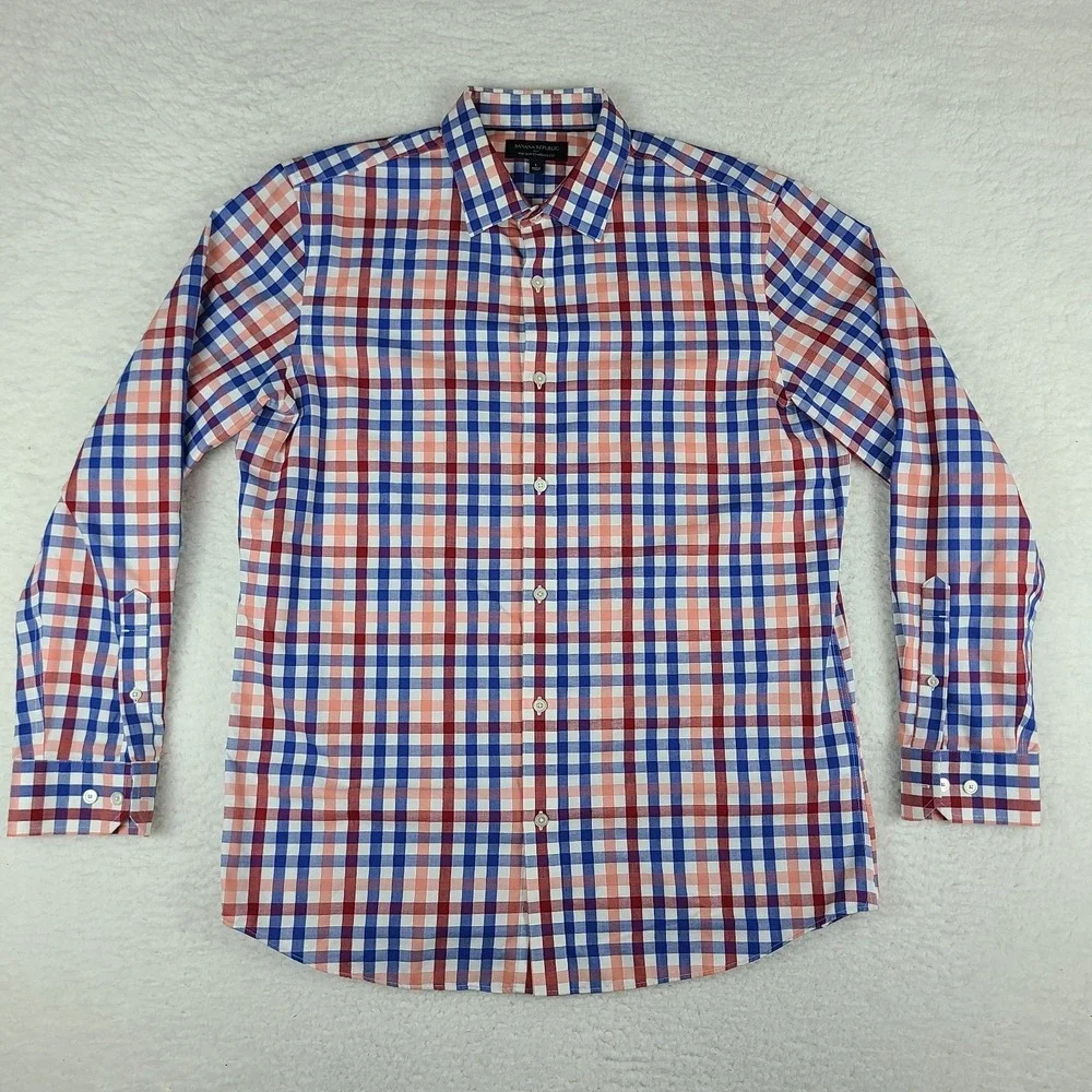 Banana Republic Shirt Mens Large Blue Red Check Non Iron Standard Fit Button‎ Up