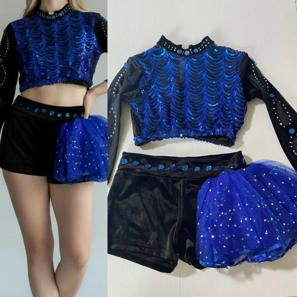 Glamour blue black solo 2 piece embellished Dance Costume Leotard XLC child