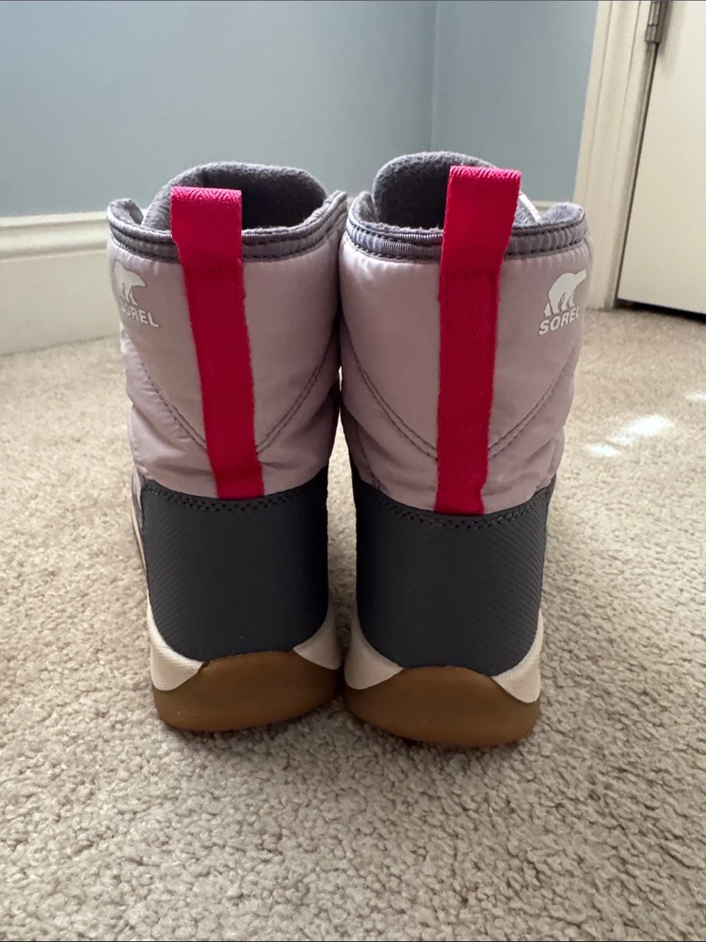 Kids Sz 5 Sorel Pink, Gray Quilted Winter Lace-Up Snow Boots