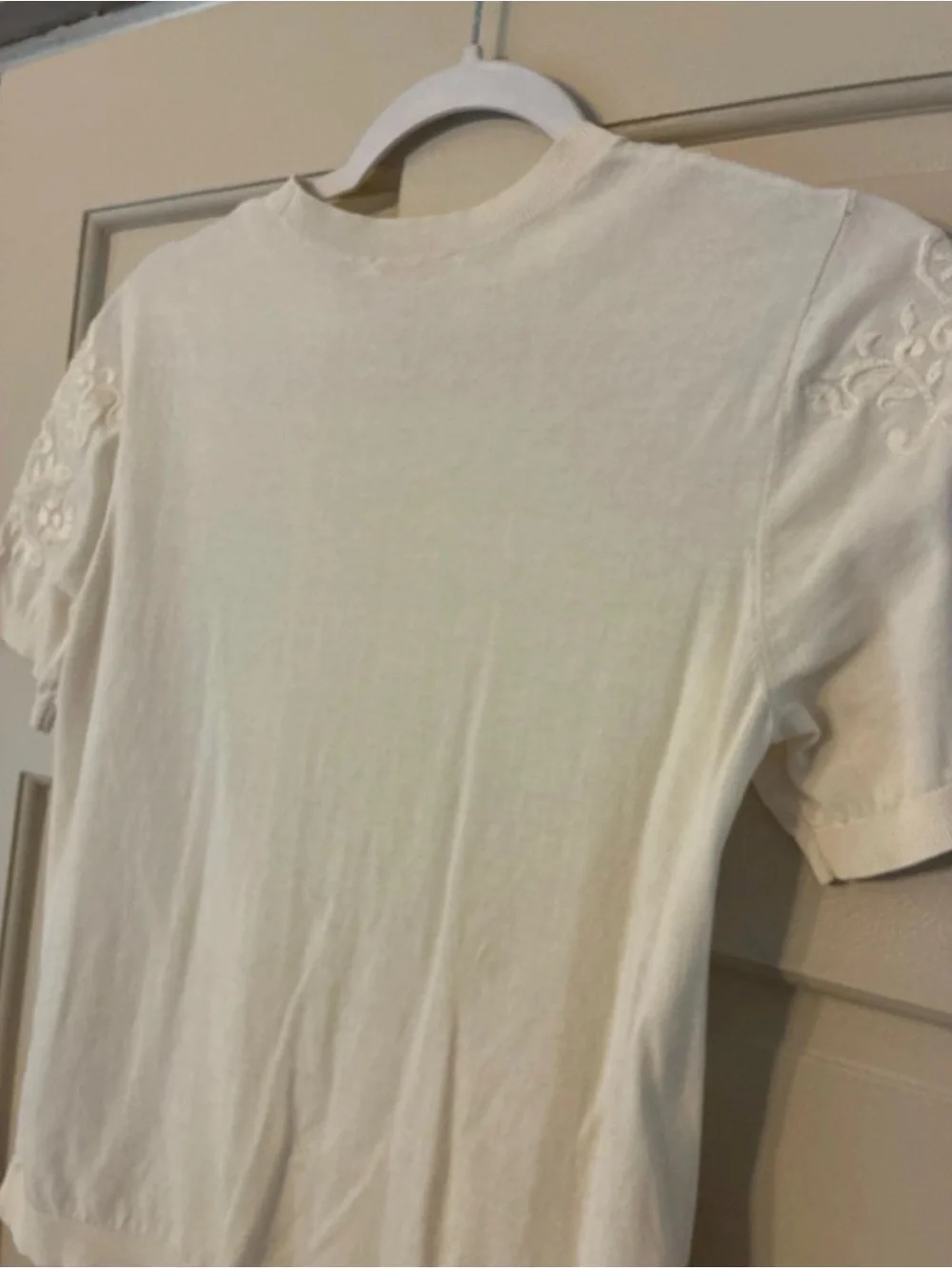 Tory Burch Cream Embroidered Short Sleeve Knit Sweater Top - Size S/P