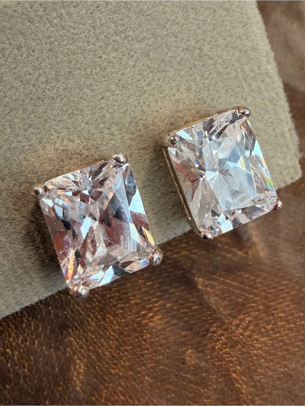 Vintage Clear Crystal Square Drop Clip On Earrings Silver Tone-1068