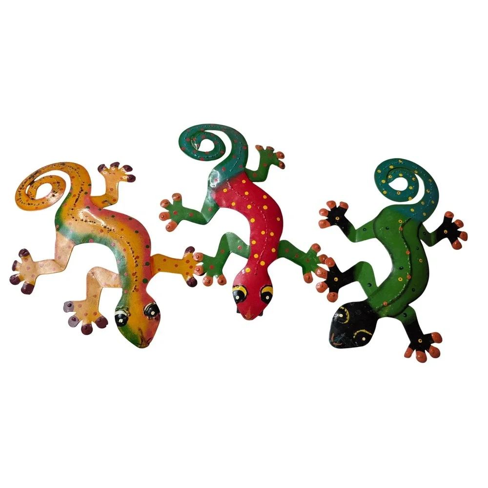 Set of 3 Colorful Metal Gecko Wall Art Hand Painted Lizard Garden Decor 13‎ Inch