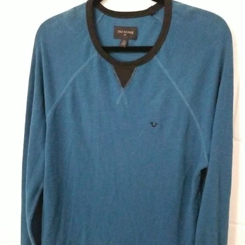 TRUE RELIGION Logo Waffle Knit Raglan Crew‎ Shirt Long Sleeve Mens L Aqua Blue