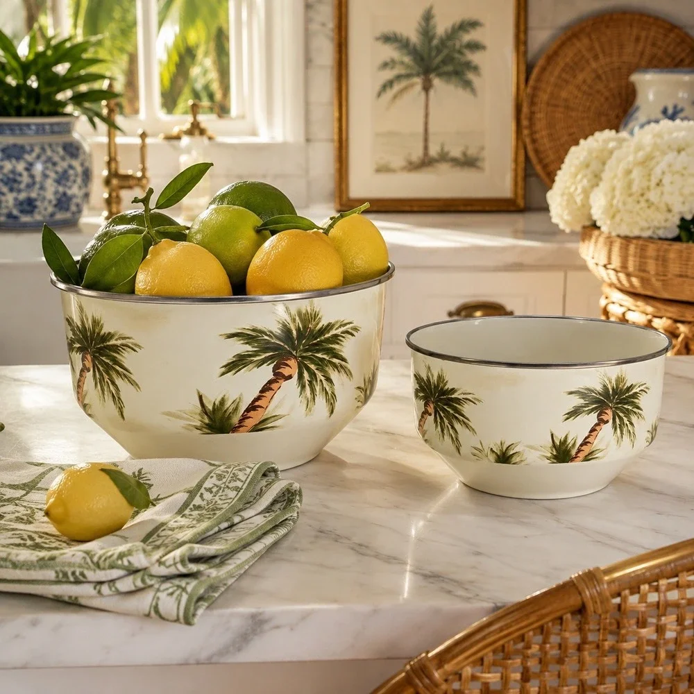 Vintage Palm Tree Enamel Mixing Bowls Set of 2 Coastal Palm Beach Kitchen