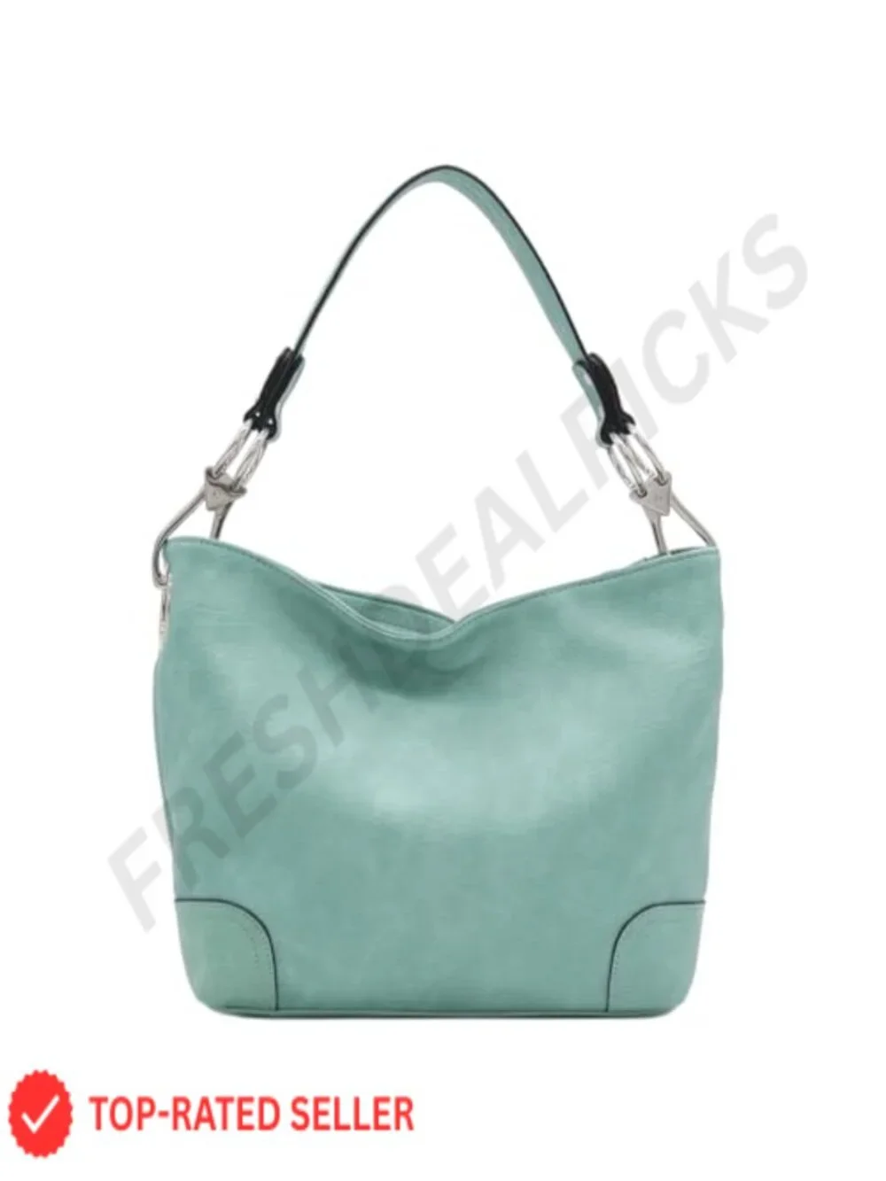 Hobo Shoulder Bag with Big Snap Hook Hardware, Faux Leather, Silver Tone