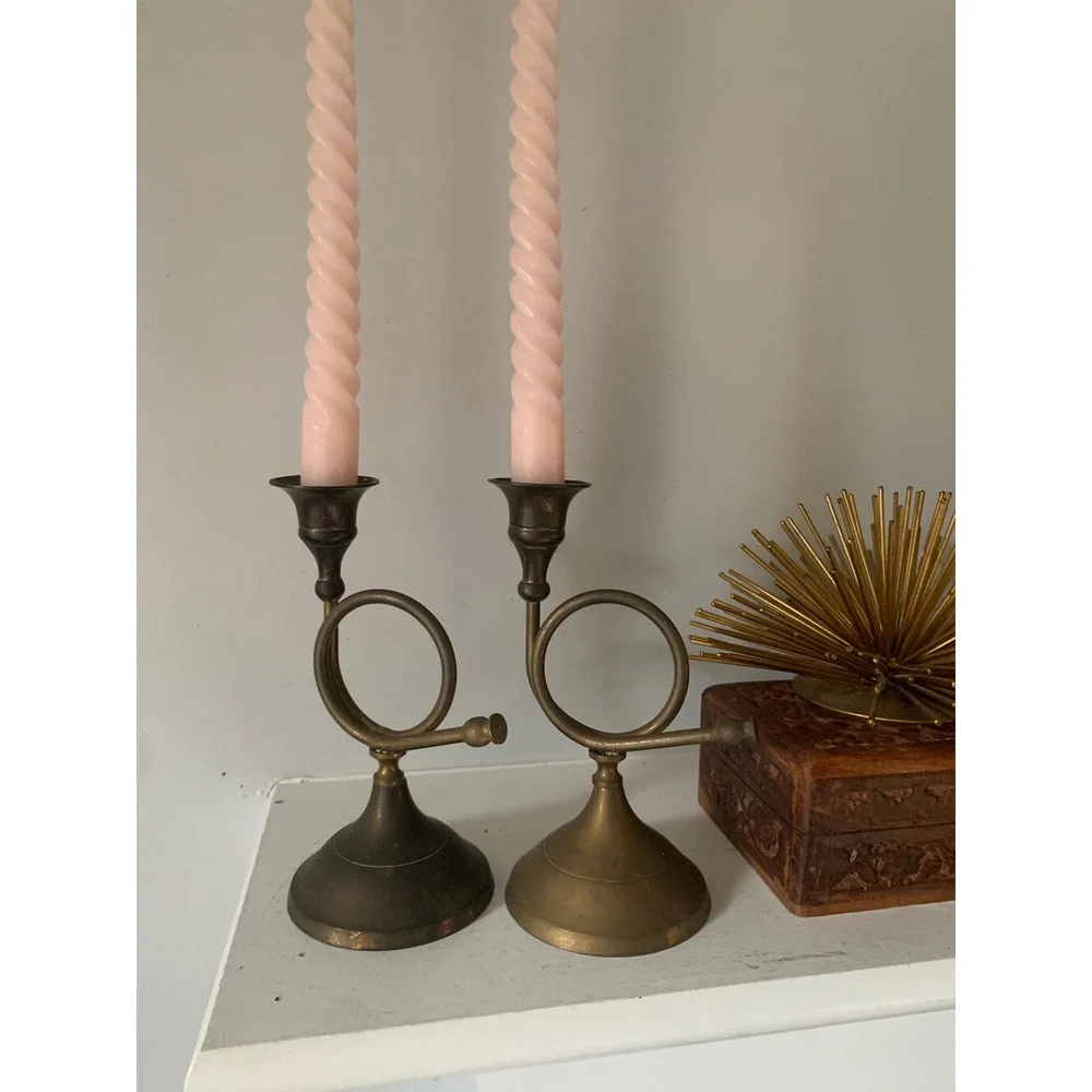 2 Vintage Brass French Horn Candlestick Holders Pair Musical Taper Candle Stands