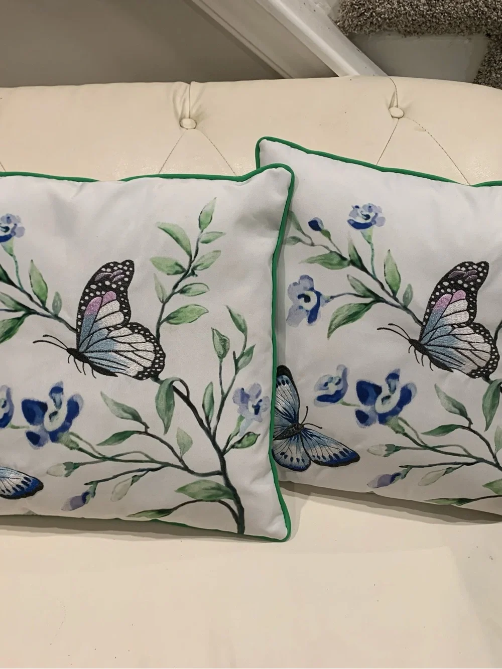 Botanical Butterfly Decorative Throw Pillow - White with Green Trim