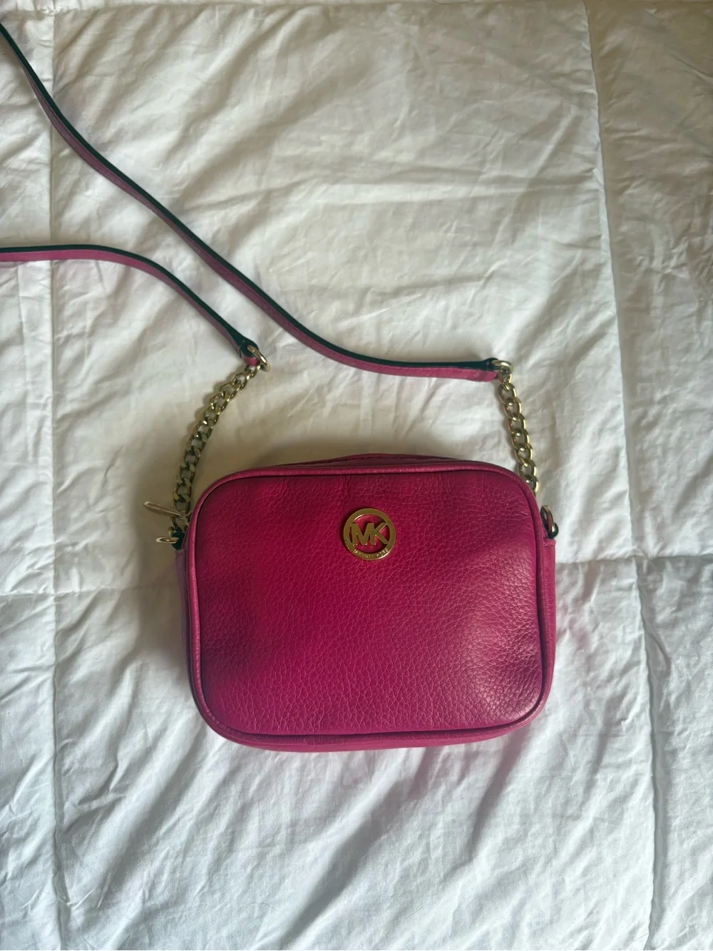 Michael Kors Hot Pink Pebbled Leather Crossbody Bag with Gold Hardware
