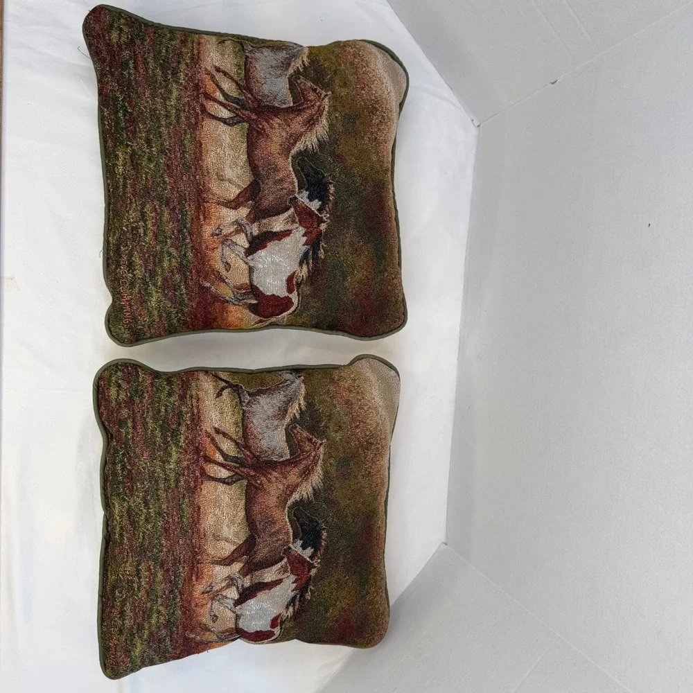 Vintage C.C. Cummings Wild Horse Tapestry Throw Pillows Set of 2 Western Decor
