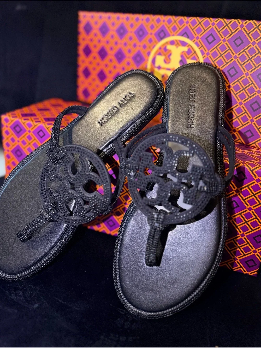 Tory Burch Black Miller Logo Rhinestone Thong Sandals