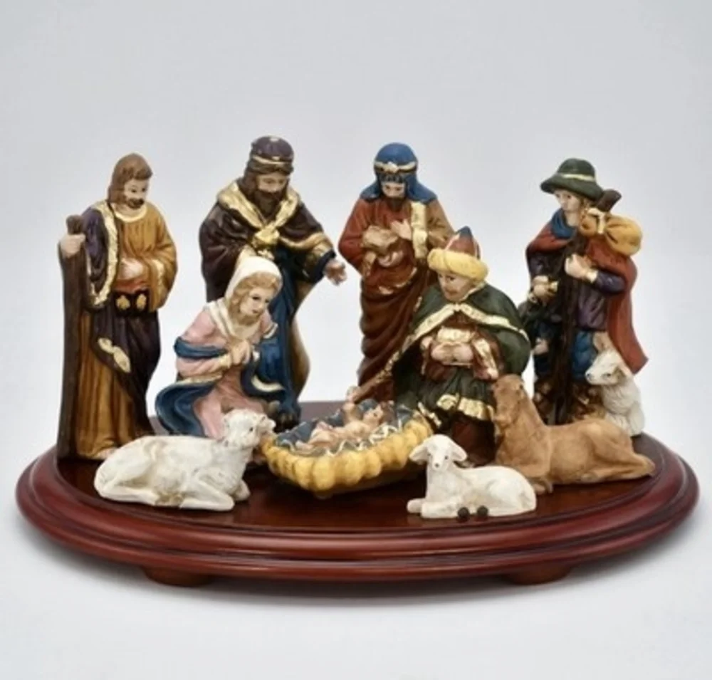 World Bazaar Crown 11pc Porcelain Nativity Set Wood Base Wise Men Mary Jesus