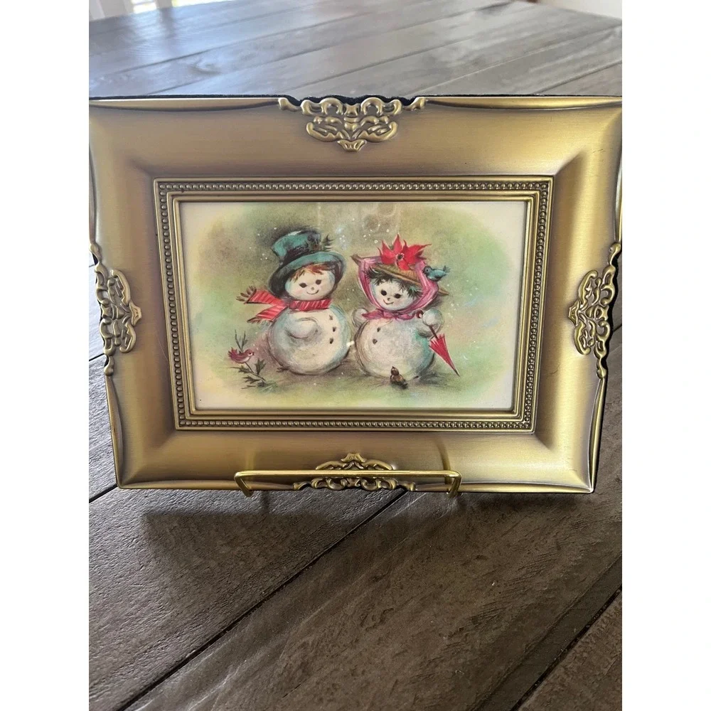 Vintage Snowman Couple Framed Art Gold Ornate Christmas Winter Decor Tabletop