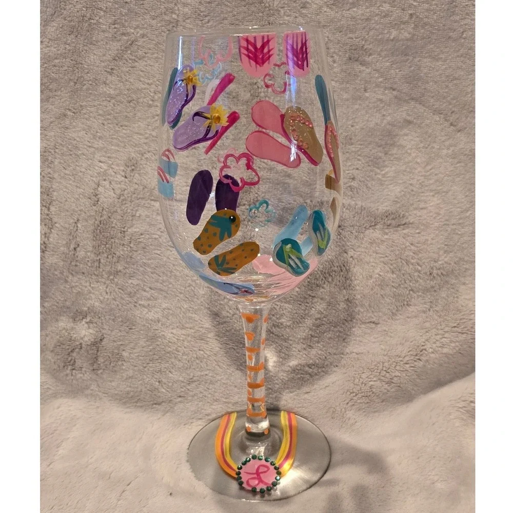 Lolita Love My Wine Flip Flops Too Hand Painted Stemmed‎ Wine Glass Beach Summer