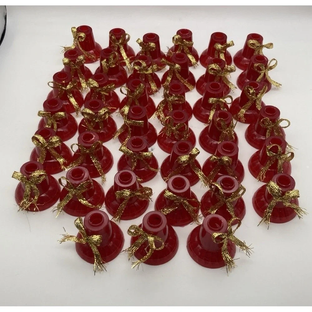 Set Of 39 Vintage Red Plastic Bells Christmas Light Covers Gold Bow