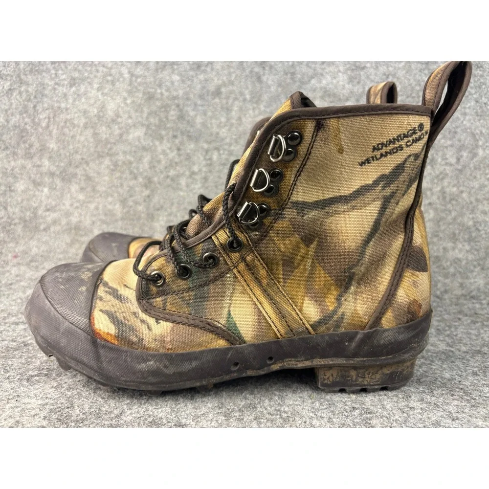 Cabelas Hunting Boots Mens 9 Brown‎ Advantage Wetlands Camo Steel Shank Canvas