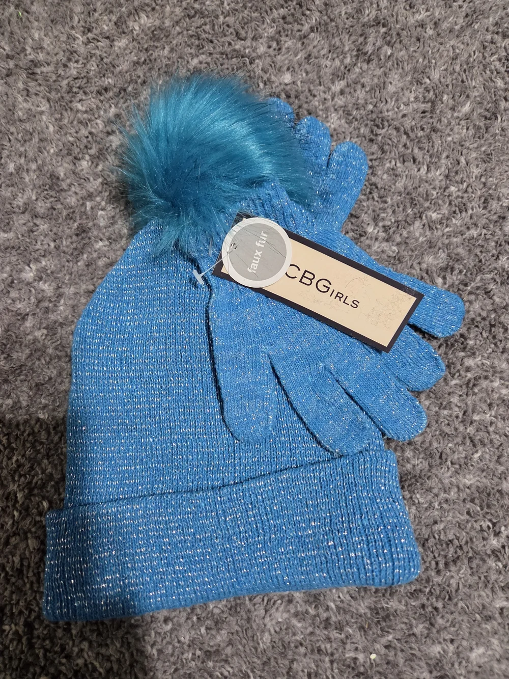 BCBGirls Blue Knit Pom Beanie and Sparkle Gloves Set
