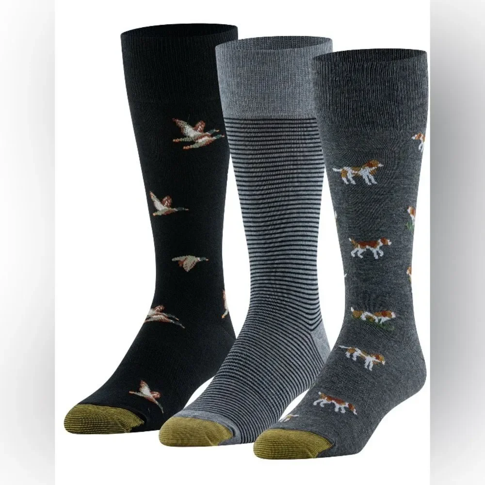 GOLDTOE NEW Men's Dress Crew Socks 3-pack Size 6-12.5 Office Dog Bird Assorted
