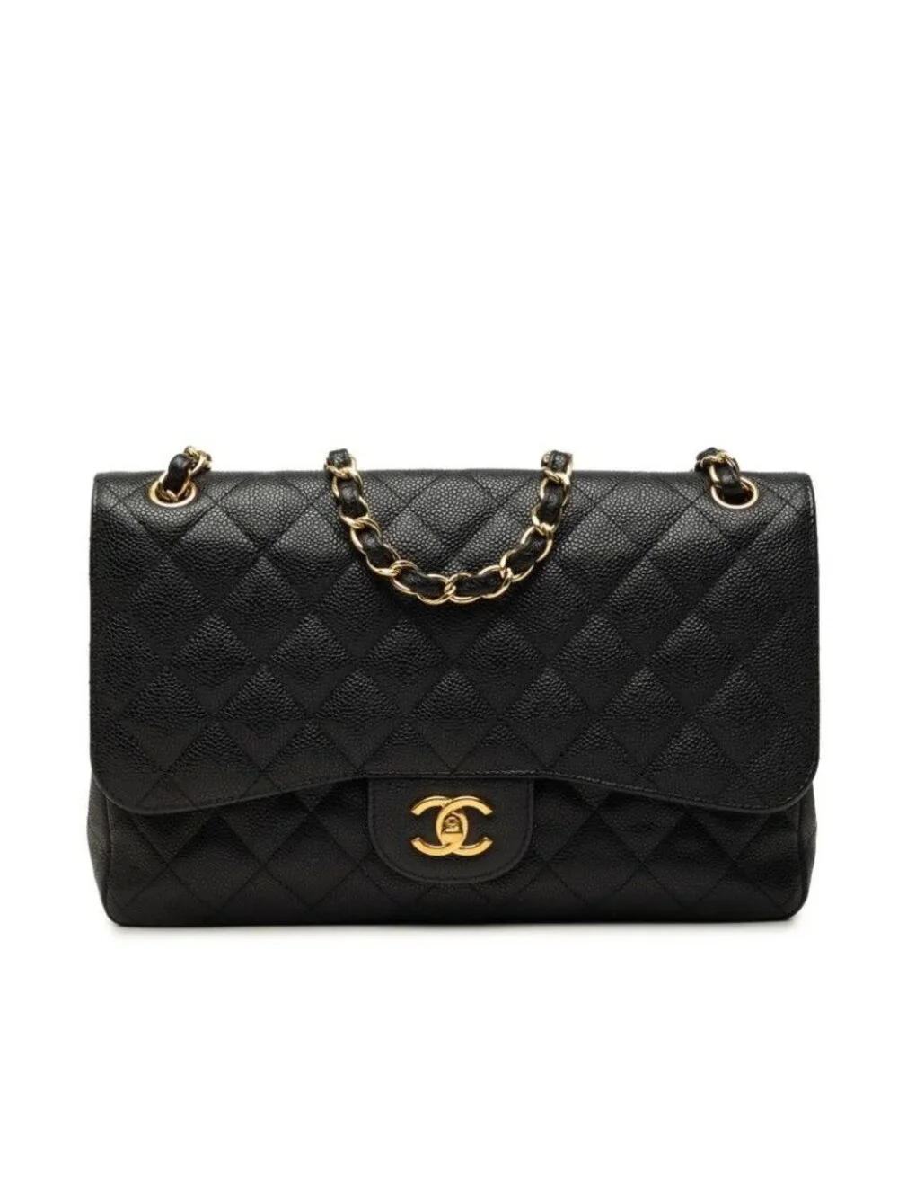 Chanel CC Logo Quilted Double Flap Chain Shoulder Bag Black Gold Caviar Leather