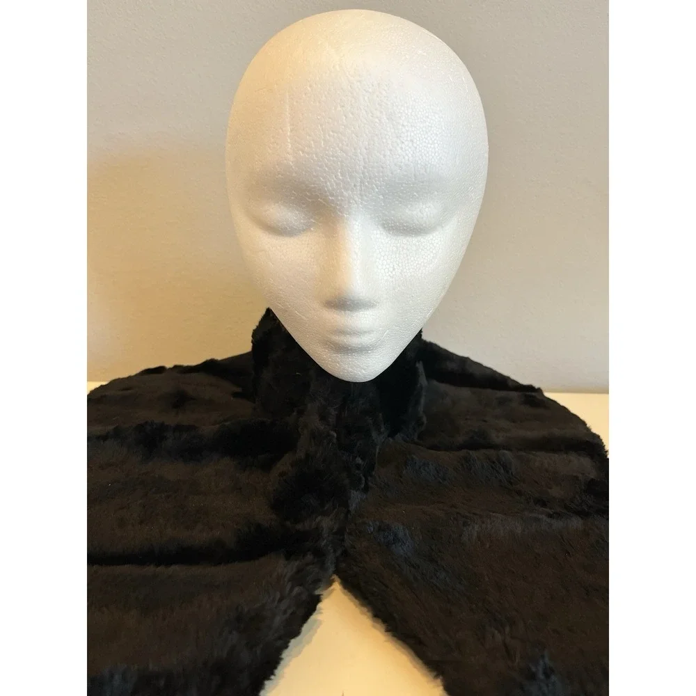 Vintage Fur Scarf Collar Shawl Wrap Black Plush w/ Ruching & Hook/Eye Closures