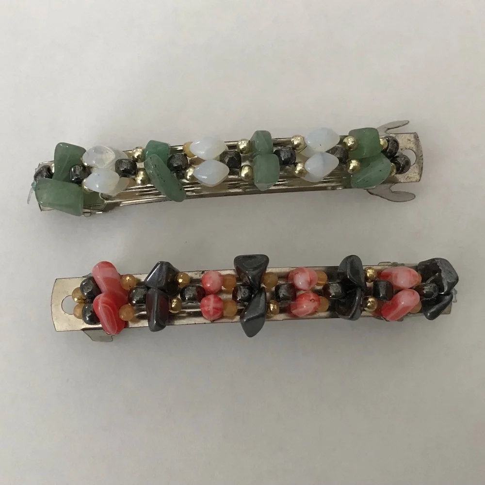 Bundle Black onyx coral barrette & White Quartz Aventurine barrette set.