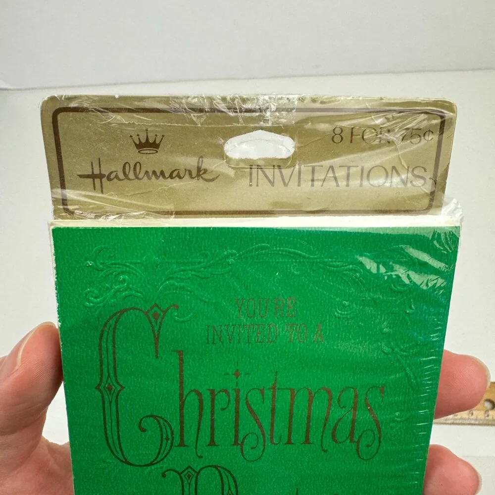 Vtg Retro Hallmark Christmas Party Invitation Green Gold Metallic‎ Elegant Font
