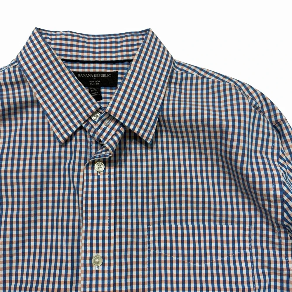 Banana Republic‎ Non Iron Slim Fit Check Dress Shirt Mens Large Blue Orange