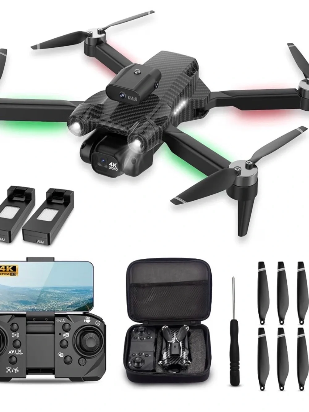 Carbon Black 4K Camera Foldable Drone with Dual Batteries & Carry Case New MSMV