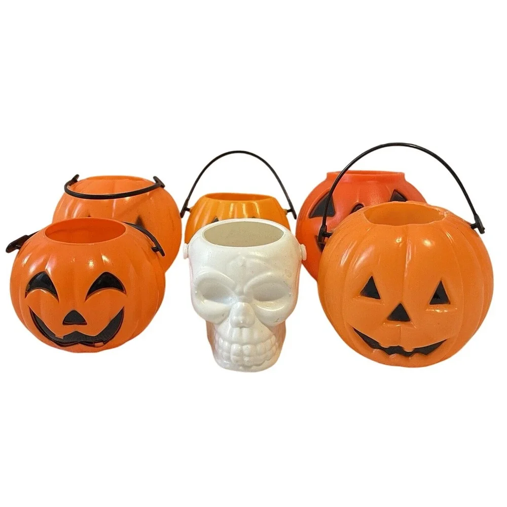 Vintage Halloween Jackolantern Pumpkin Skull Mini Candy Buckets Pail‎ Blow Mold